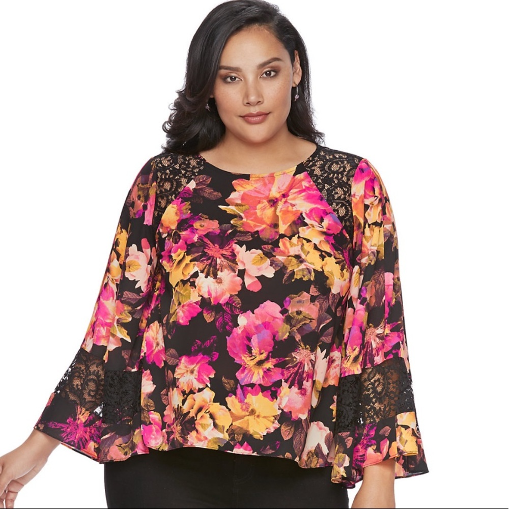 Jennifer Lopez Floral Top Black and Pink Plus Size 1X
